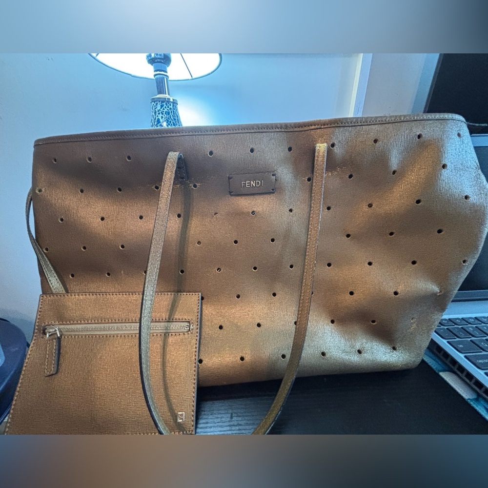 Rare 2-in-1 Fendi Metallic Gold Perforated Roll Tote with Matching Pouch